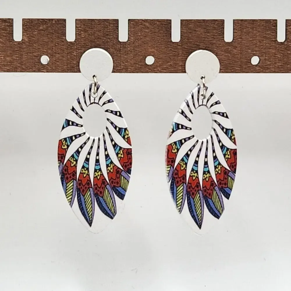 Boho Oval Open Hoop Geometric Swirl Pattern Dangle Statement Earrings